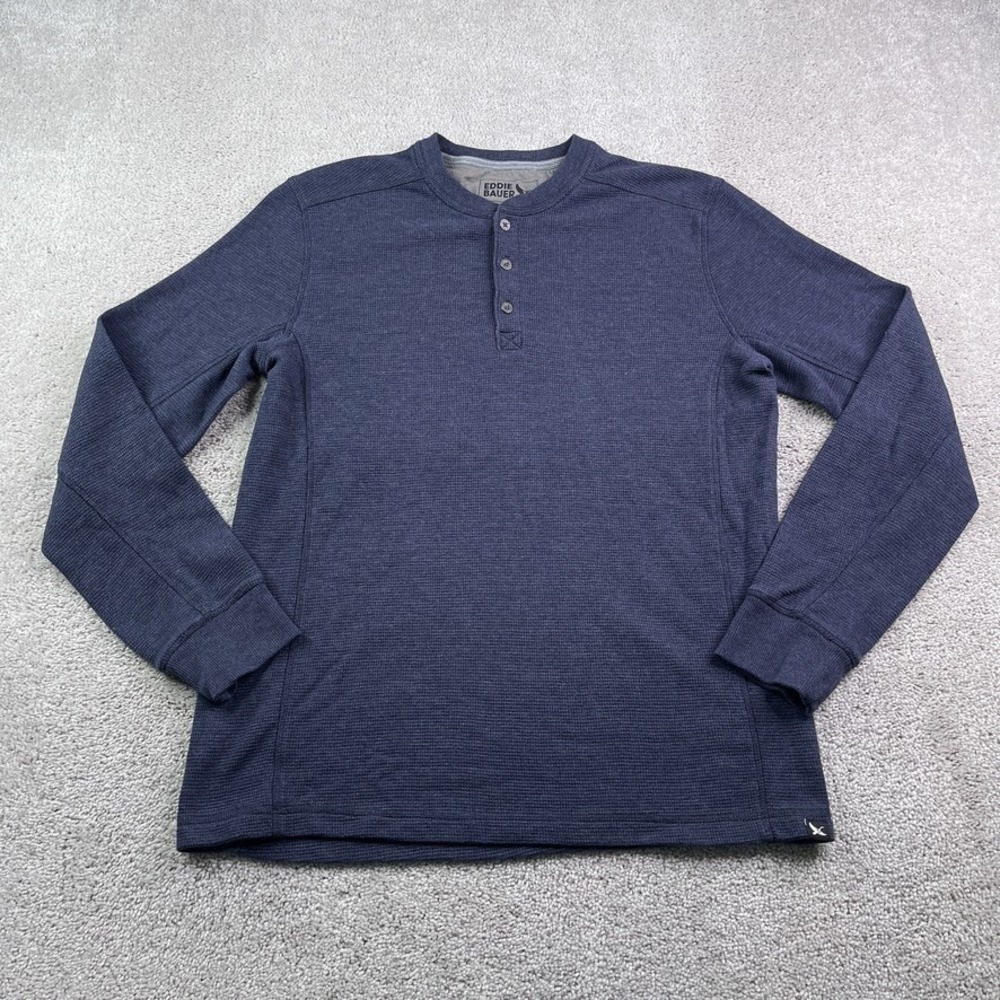 Eddie Bauer Shirt Mens Medium Blue Waffle Knit Henley Thermal Hiking Outdoors